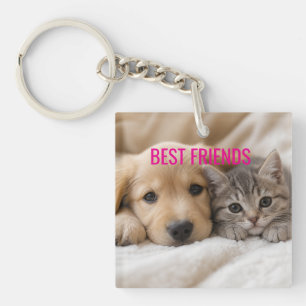 Cute Sleeping Puppy and Kitten Cuddle Key Ring