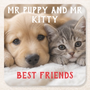 Cute Sleeping Puppy and Kitten Cuddle Square Paper Coaster