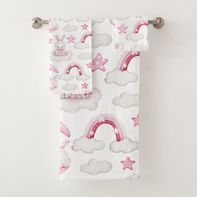 Cute Sleeping Rabbit Bunny on Cloud Bedtime Bath Towel Set (Insitu)