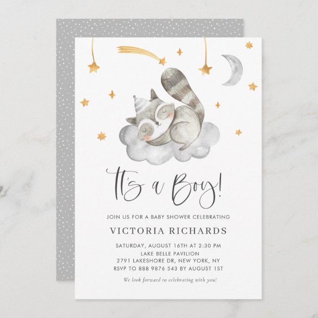 Cute Sleeping Racoon Grey It's a Boy Baby Shower Invitation (Front/Back)