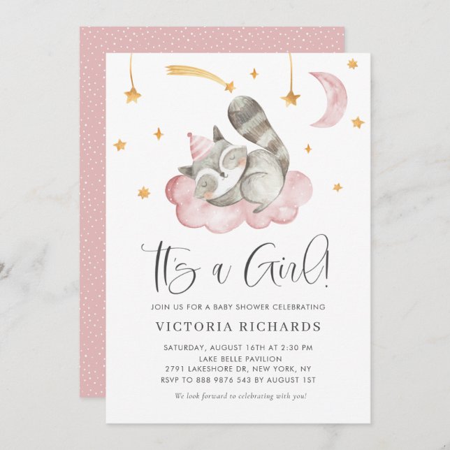 Cute Sleeping Racoon Pink It's a Girl Baby Shower Invitation (Front/Back)