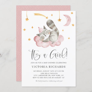 Cute Sleeping Racoon Pink It's a Girl Baby Shower Invitation