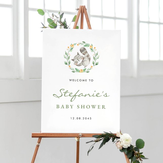 Cute Sleeping Racoon Wreath Baby Shower Welcome Poster (Creator Uploaded)