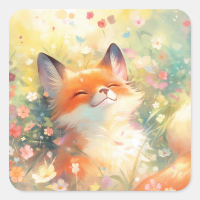 Cute Sleeping Red Fox in Colourful Wildflower Square Sticker (Front)