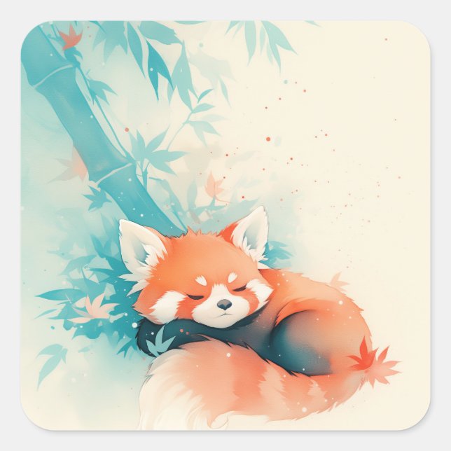 Cute Sleeping Red Panda with Autumn Leaves Square Sticker (Front)