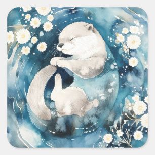 Cute Sleeping Sea Otter Curled in Deep Water Square Sticker