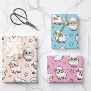 Cute Sleeping Sheep and Moon with Stars Wrapping Paper Sheet