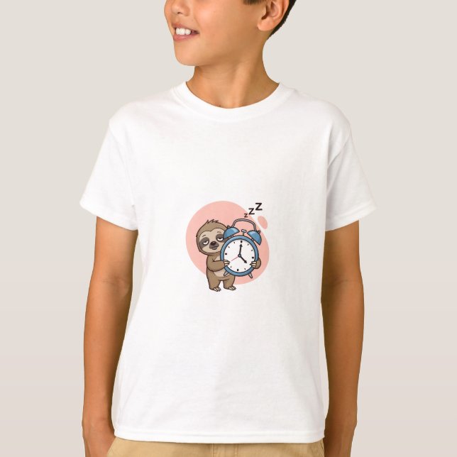 Cute Sleeping Sloth Alarm Clock Kids T-Shirt (Front)