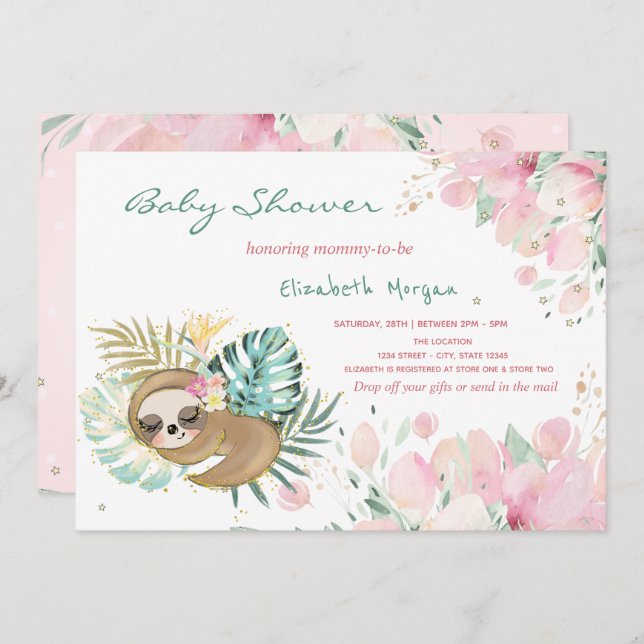 Cute Sleeping Sloth Flowers Baby Shower  Invitation (Front/Back)