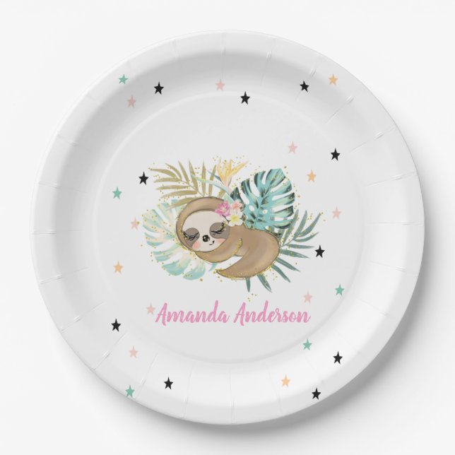 Cute Sleeping Sloth,Stars,Princess  Paper Plate (Front)