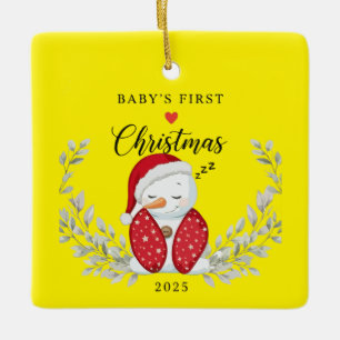 Cute Sleeping Snowman Baby's First Christmas Ceramic Ornament