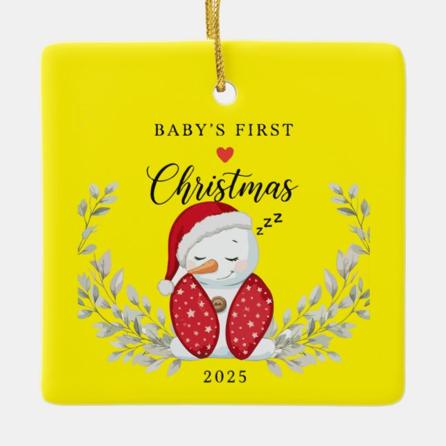 Cute Sleeping Snowman | Baby's First Christmas  Ceramic Ornament (Front)