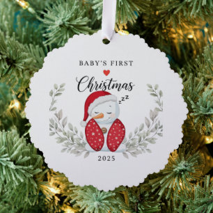 Cute Sleeping Snowman Baby's First Christmas Tree Decoration Card