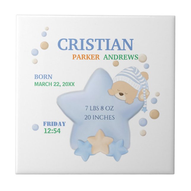 Cute Sleeping Teddy Bear Baby Boy Birth Stats Cera Tile (Front)