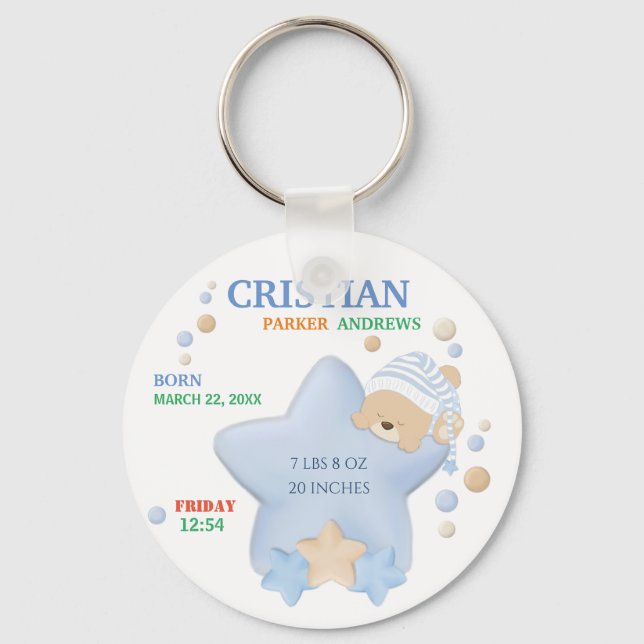 Cute Sleeping Teddy Bear Baby Boy Birth Stats Key Ring (Front)