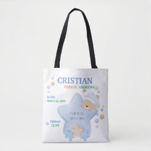 Cute Sleeping Teddy Bear Baby Boy Birth Stats Tote