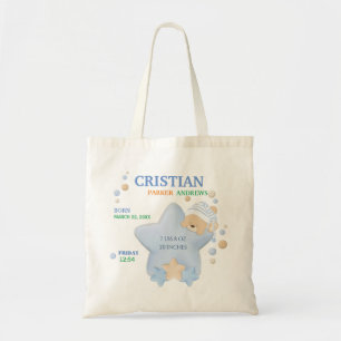 Cute Sleeping Teddy Bear Baby Boy Birth Stats Tote