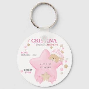 Cute Sleeping Teddy Bear Baby Girl Birth Stats Key Ring