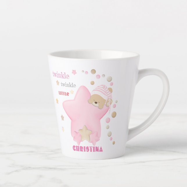 Cute Sleeping Teddy Bear Baby Girl Birth Stats Latte Mug (Right)