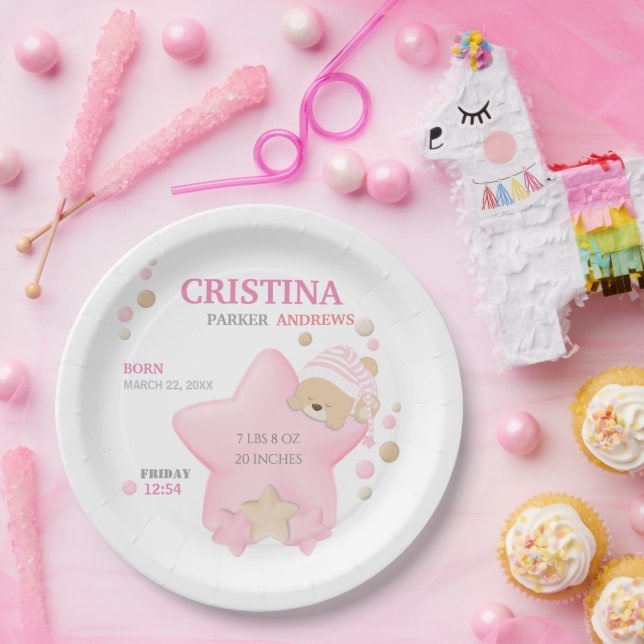 Cute Sleeping Teddy Bear Baby Girl Birth Stats Pap Paper Plate (Party)