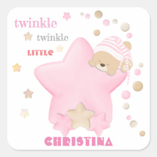 Cute Sleeping Teddy Bear Baby Girl Birth Stats Square Sticker