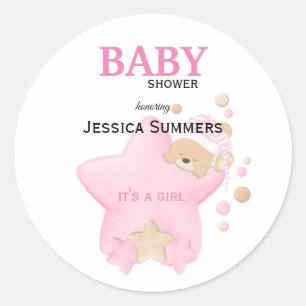 Cute Sleeping Teddy Bear Baby Girl Shower Classic  Round Sticker