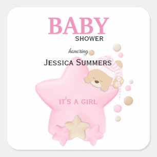 Cute Sleeping Teddy Bear Baby Girl Shower Square S Sticker