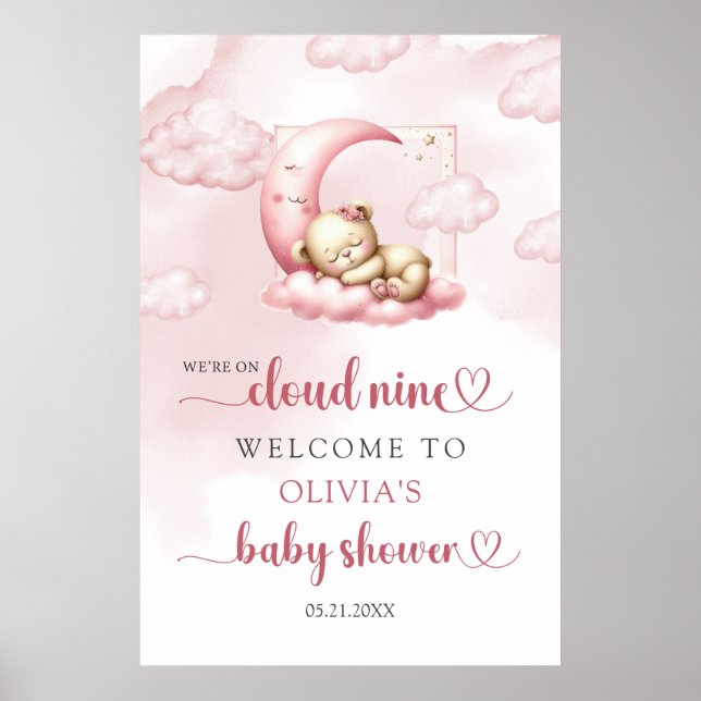 Cute sleeping teddy bear cloud nine pink Welcome Poster (Front)