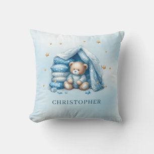 Cute sleeping teddy bear in baby crib cushion