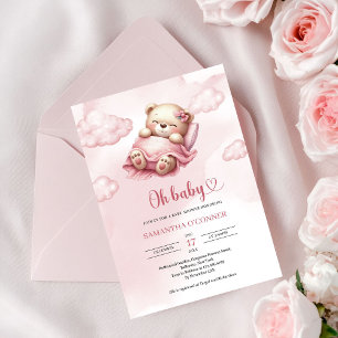 Cute sleeping teddy bear in pink sky and clouds invitation