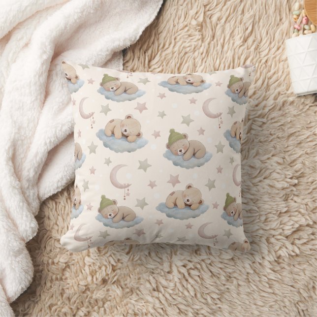 Cute Sleeping Teddy Bear Pattern with Stars & Moon Cushion (Blanket)