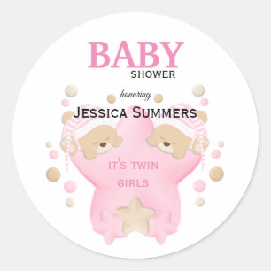 Cute Sleeping Teddy Bear Twin Baby Girls Shower Cl Classic Round Sticker