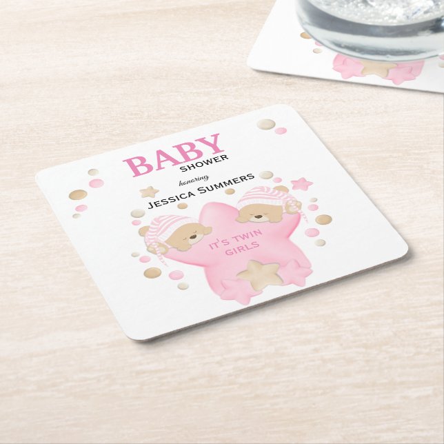 Cute Sleeping Teddy Bear Twin Baby Girls Shower Sq Square Paper Coaster (Angled)