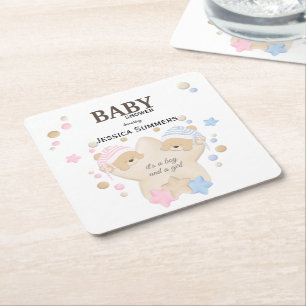 Cute Sleeping Teddy Bear Twins Baby Shower Square  Paper Coaster