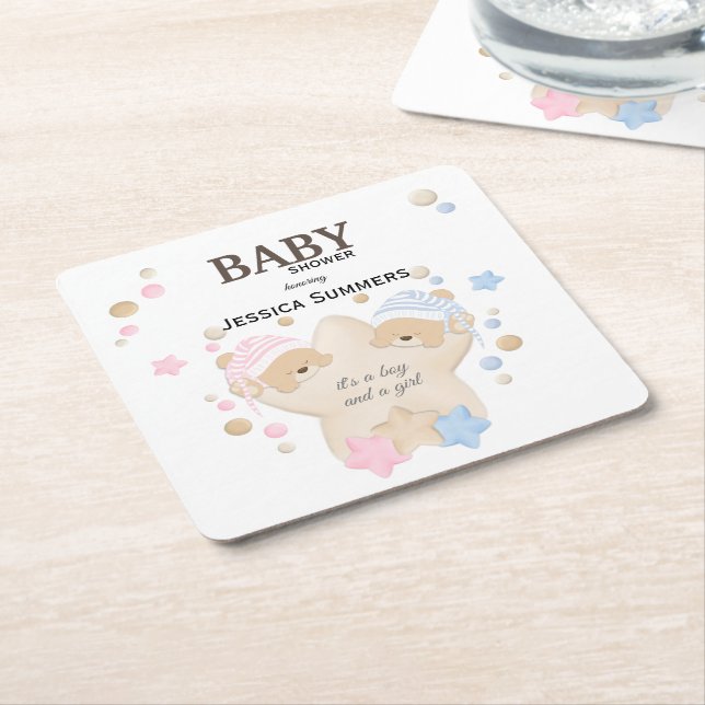 Cute Sleeping Teddy Bear Twins Baby Shower Square  Paper Coaster (Angled)
