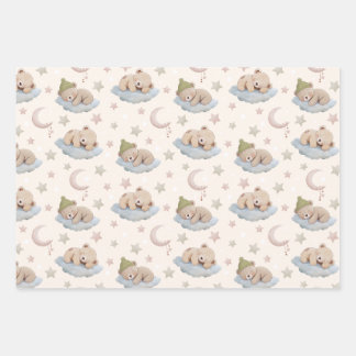 Cute Sleeping Teddy Bear with Stars & Moon Wrapping Paper Sheet