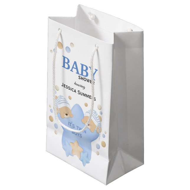 Cute Sleeping Teddy Bears Twin Baby Boys Shower Sm Small Gift Bag (Front Angled)