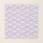 Cute Sleeping Unicorn with Colourful Shooting Star Scarf<br><div class="desc">Chiffon scarf with a repeating pattern composed of an illustration of a cute and kawaii unicorn sleeping peacefully with a fancy curly mane and tail. A colourful rainbow shooting star above her head. Set on a pastel purple background. Adorable fantasy design.</div>