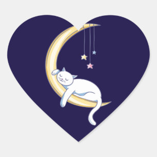 Cute Sleeping White Cat Design Heart Sticker