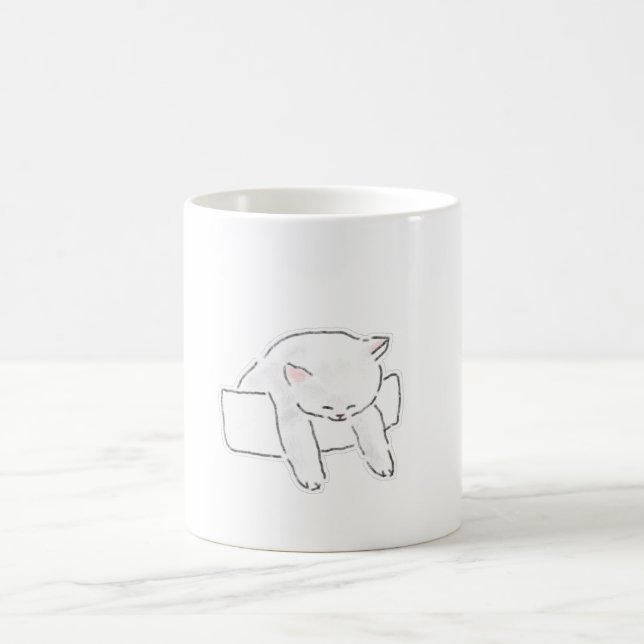 Cute Sleeping White Cat In Box Hand Drawn Art Coffee Mug (Center)