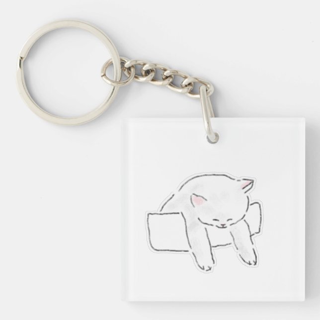 Cute Sleeping White Cat In Box Hand Drawn Art Key Ring (Front)
