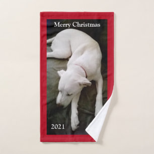 Cute Sleeping White Puppy Dog Christmas Red Hand Towel