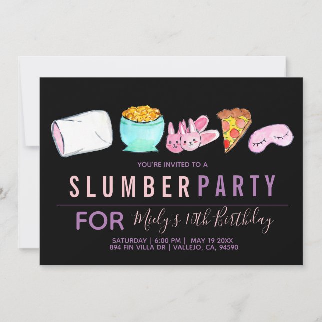 Cute sleepover birthday party invitation (Front)