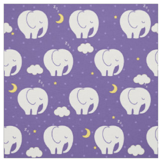 Cute sleepy baby elephants on stars background fabric