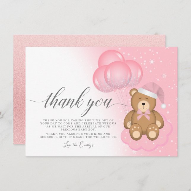 Cute Sleepy Bear Girl Baby Shower Thank You Card (Front/Back)