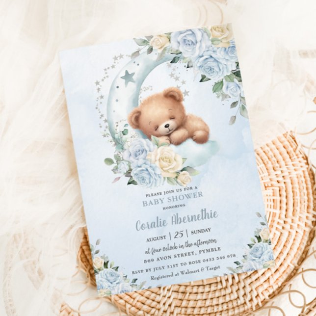 Cute Sleepy Bear Moon Blue Floral Boy Baby Shower Invitation (Creator Uploaded)