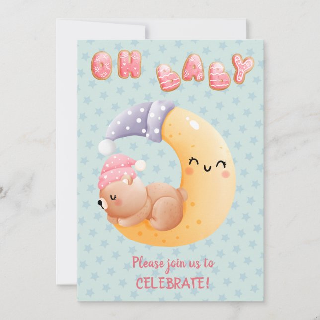 Cute Sleepy Bear on Moon Girl Baby Shower Invitation (Front)