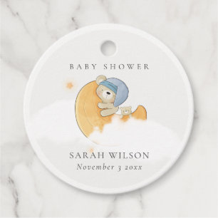 Cute Sleepy Blue Bear Over Moon Boy Baby Shower Favour Tags