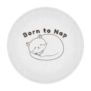 Cute Sleepy Cat “Born to Nap” Line Art Design Cutting Board