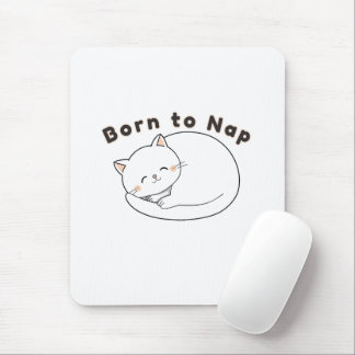 Cute Sleepy Cat “Born to Nap” Line Art Design Mouse Pad